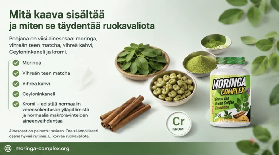 Moringa Complex — kapselit, joissa moringaa, vihreää teetä, vihreää kahvia, kanelia ja kromia
