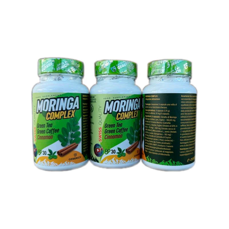 Moringa Complex — pakkaus, jossa moringa, vihreä tee, vihreä kahvi ja kaneli